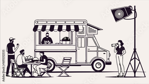 Food truck customers film crew filming scene illustration black and white vector graphic design restaurant food service outdoor dining mobile kitchen street food catering business.