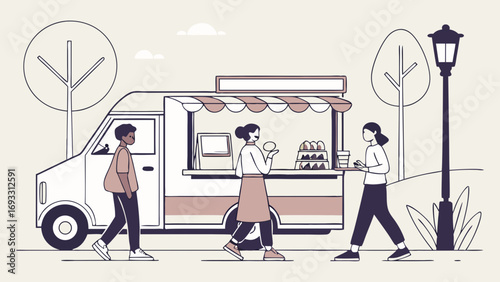 Food truck customers takeaway street food outdoor cafe urban scene casual dining mobile vendor food service bakery truck pastries coffee drinks simple illustration minimalist style.