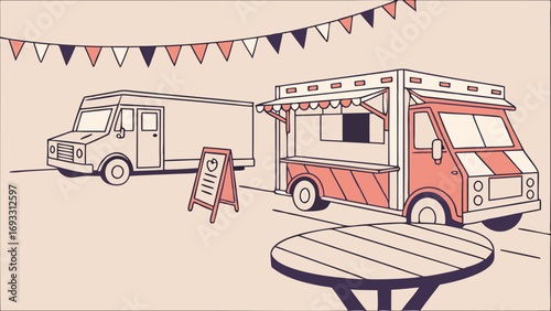 Food truck festival street food outdoor cafe summer event menu board catering event celebration party bunting table chairs food stall takeaway mobile kitchen restaurant design el.