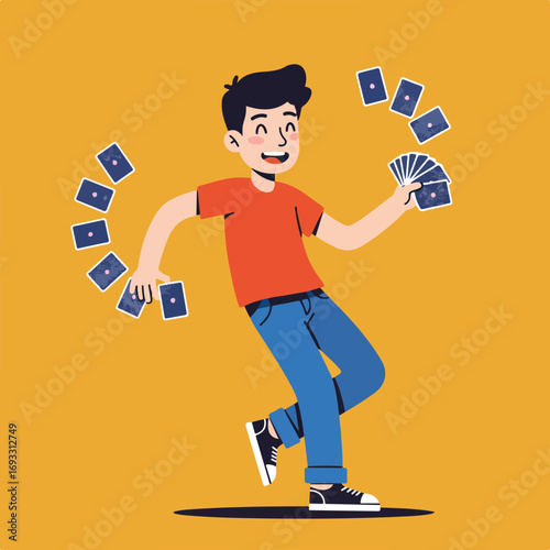 Cardslinger A boy flicks cards on a mustard background, smiling ear to ear