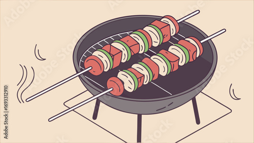 Grilled skewers on barbecue summer food illustration BBQ party design.
