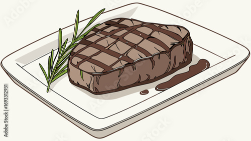 Grilled Steak on a Plate with Rosemary and Sauce Delicious Food Illustration for Menus Cookbooks and Restaurants.
