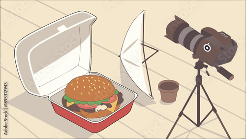 Hamburger Photography Setup DSLR Camera Food Styling Take Away Box Studio Lighting Illustration.