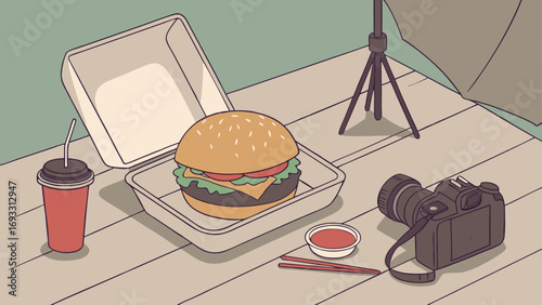 Hamburger Photography Still Life Food Photography Setup DSLR Camera Fast Food Take Away Graphic Design Illustration.