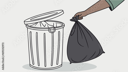 Hand disposing of a trash bag into a bin waste disposal sanitation recycling cleanliness illustration.