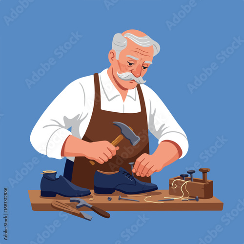 Shoemaker at work with tools