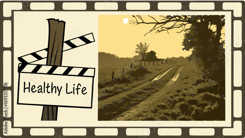 Healthy Lifestyle Film Strip Design with Countryside Scene and Clapperboard.