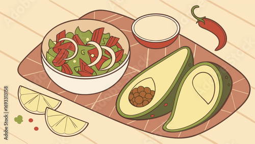 Healthy Salad with Avocado and Chili Pepper Flat Lay Food Illustration.
