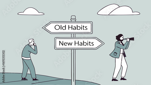 Illustration of a choice between old and new habits featuring figures at a crossroads one looking forward and one looking back.