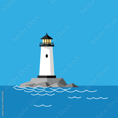 Solitary lighthouse atop a rocky islet amid the calm, open ocean