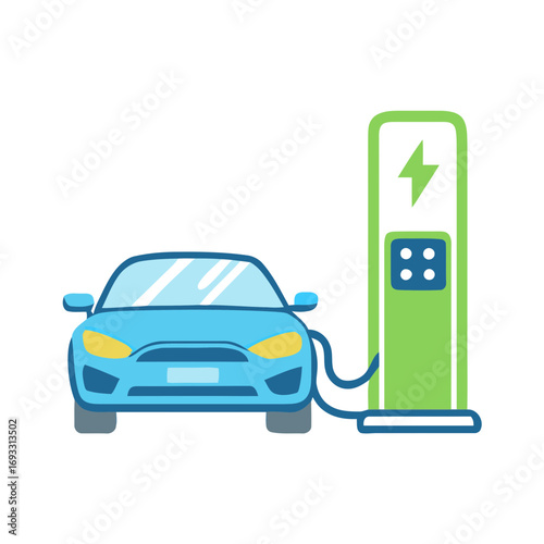 Illustration of a blue electric car charging at a green charging station.