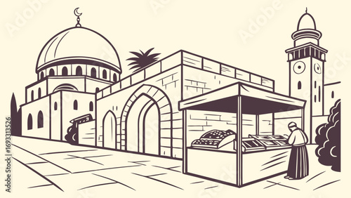 Illustration of a marketplace with religious architecture and a vendor.