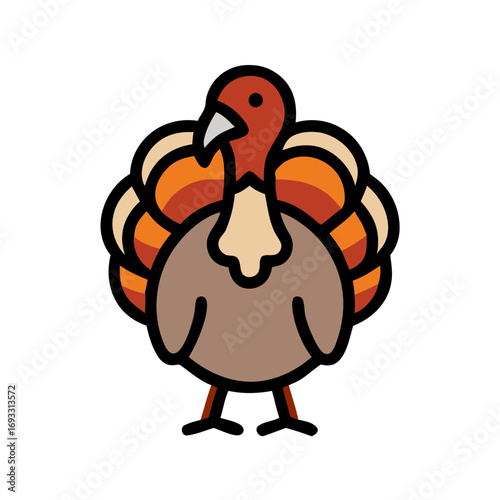 Cartoon illustration of a turkey with brown and orange feathers.