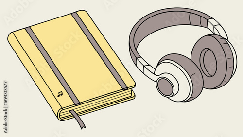 Illustration of a notebook and headphones music concept study supplies learning audio listening.