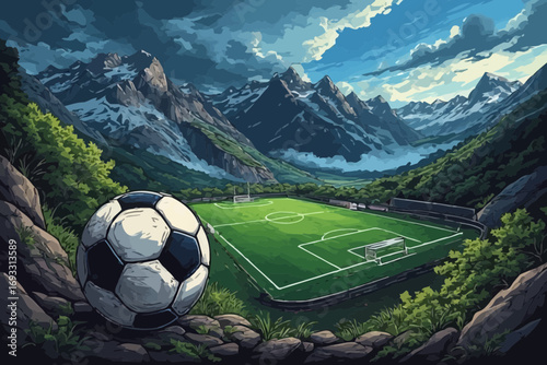 Scenic soccer field nestled in mountains with a large soccer ball in the foreground.