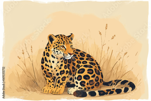 Illustration of a jaguar sitting in tall grass, looking over its shoulder.