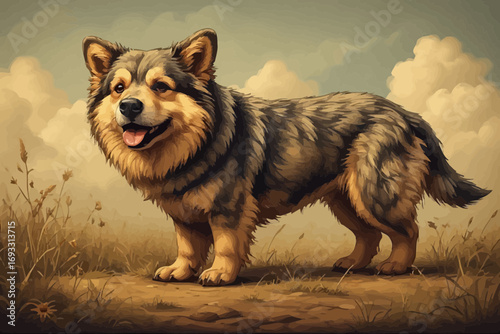 A fluffy dog standing in a field with a cloudy sky background.