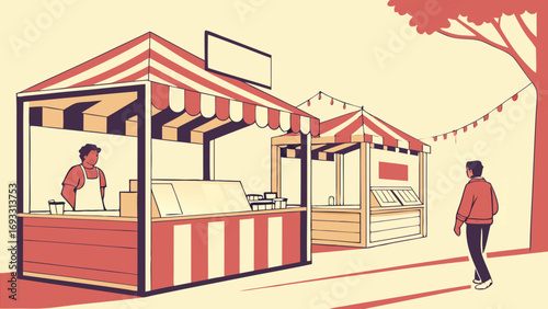 Illustration of food stalls at an outdoor market person walking by.