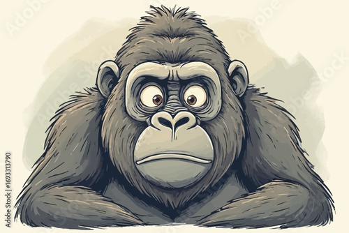 Cartoon gorilla with a worried expression, resting its arms on a surface.
