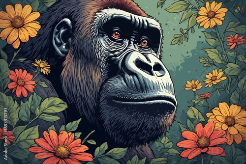 Close-up of a gorilla surrounded by colorful flowers and lush green leaves.