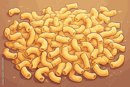 Illustration of a pile of cooked macaroni pasta on a brown surface.