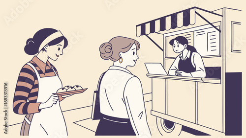 Illustration of women at a food truck bakery pastries takeaway cafe.