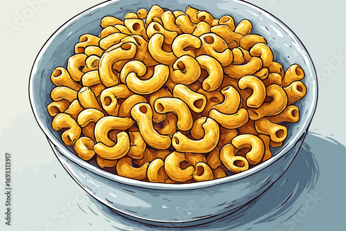 Bowl of macaroni and cheese, cartoon illustration.