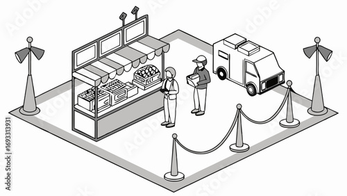 Isometric Illustration of a Market Stall with Delivery Service and Stanchions.