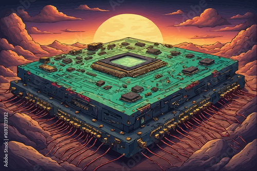 Pixel art of a large computer chip floating in the sky at sunset.