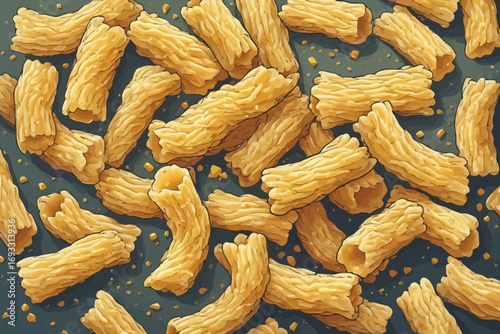 Scattered pasta tubes on a dark surface, close-up view.