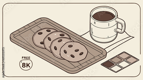 Isometric illustration of chocolate chip cookies coffee and chocolate on a wooden tray.