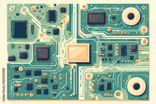 Detailed view of a complex circuit board with various components.