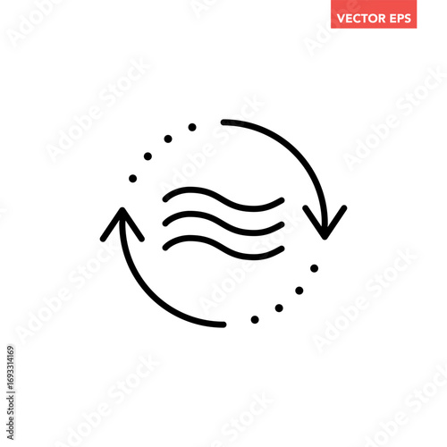 Black single air circulation balance line icon, sustainable wave flow emission flat design infographic pictogram vector for app logo web button ui ux interface elements isolated on white background
