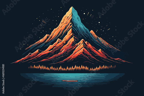 Majestic mountain peak with vibrant colors, reflected in a serene lake under a starlit sky.
