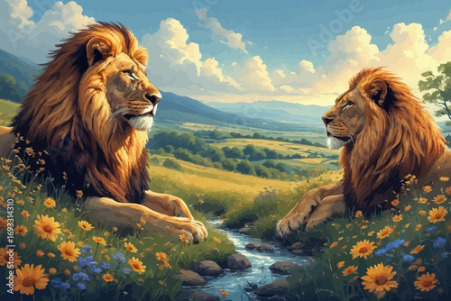 Two majestic lions resting in a vibrant meadow with a stream, mountains, and a blue sky with fluffy clouds in the background.