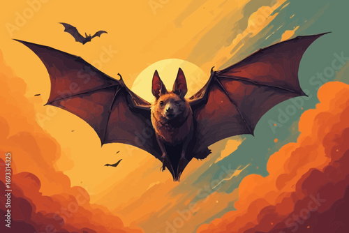 A bat flying in the sky with the sun in the background.