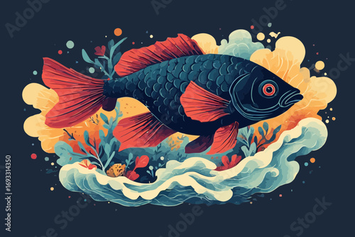 Stylized illustration of a dark blue fish with red fins swimming in water.