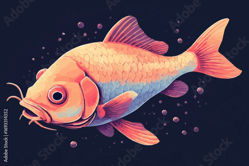 Illustration of a goldfish with bubbles on a dark background.