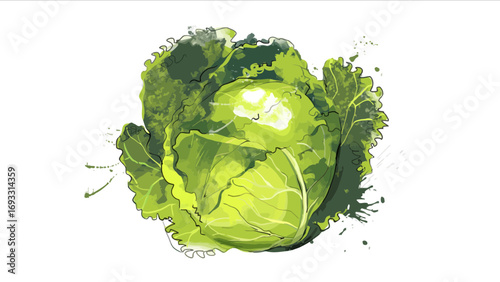 Watercolor illustration of a fresh green cabbage head with detailed textures and splashes of color.