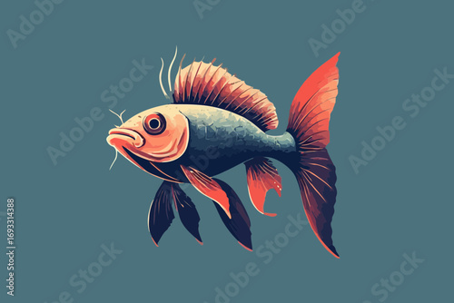 Stylized illustration of a fish with red fins and a blue body on a blue background.