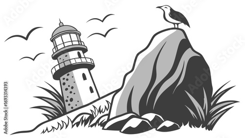 Lighthouse Seabird Coastal Cliff Monochrome Illustration Nautical Design Graphic Art Vector Image Nature Scene Seascape Bird on Rock Tower Ocean View Coastal Landscape Maritime Wild.