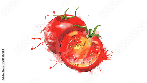 Watercolor painting of a whole tomato and a halved tomato with vibrant red and green colors.