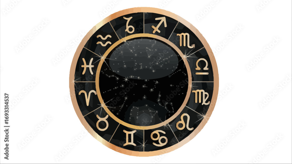 Fototapeta premium Astrology wheel with zodiac signs on a black background.
