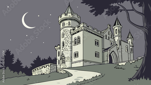 Medieval Castle at Night Fairytale Illustration Fantasy Architecture Moonlit Scene Gothic Style Storybook Setting.