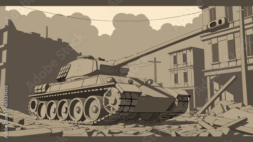 Military Tank in Destroyed City War Illustration Sepia Tone Artwork.