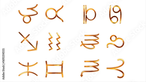Golden zodiac signs symbols on a white background, astrology icons.