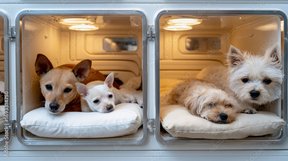 Fototapeta premium Small dogs resting inside cozy pet hotel kennel units 