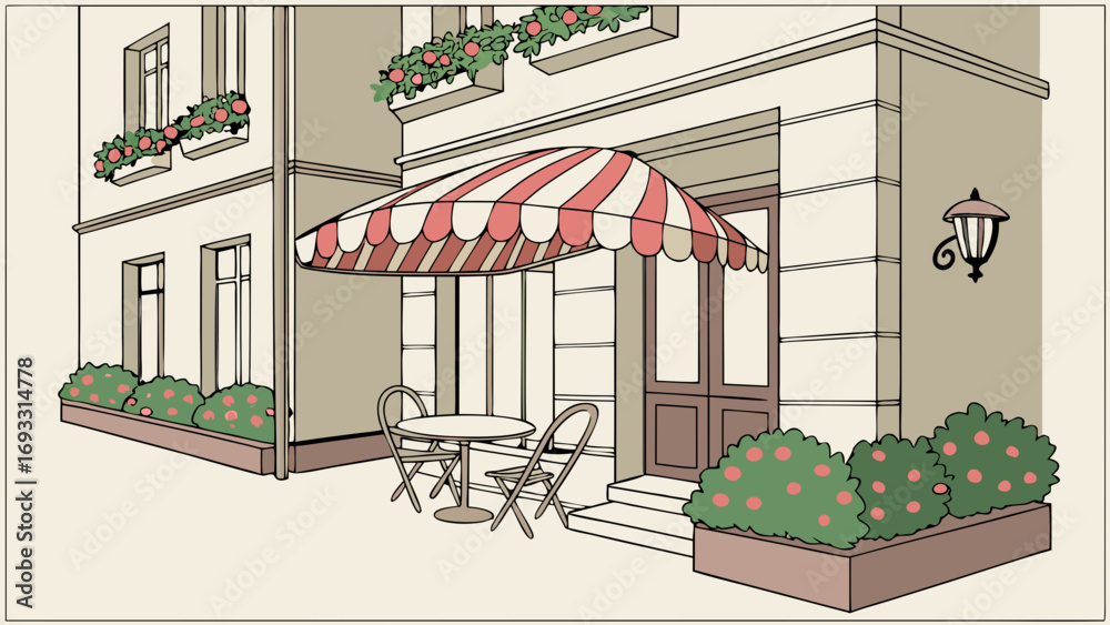 Obraz premium Outdoor Cafe Scene Striped Awning Table Chairs Flowers Building Facade Illustration.