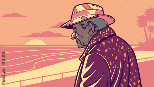 Older Man Contemplating Sunset at the Beach Vintage Illustration Retro Style Artwork.