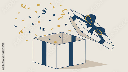 Open Gift Box with Confetti Celebration Surprise Present Holiday Birthday Festive Party Packaging Decoration Graphic Illustration Design Element Vector Flat Design Minimalist Style.